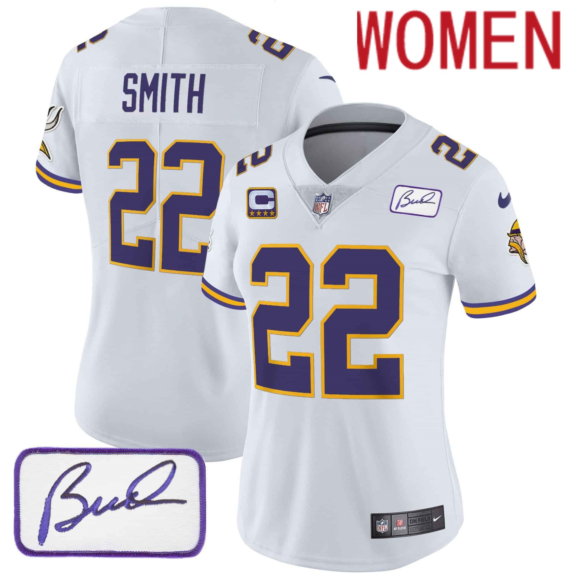 Women Minnesota Vikings 22 Smith White 2024 Nike Bud Grant Patch Classic Limited NFL Jersey style 1